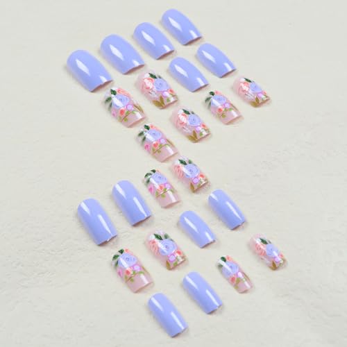 Vezocim Press on Nails Square Short Purple 24Pcs Press on Nails with Flower Designs Glossy Full Cover Acrylic Extra Short Coffin False Nails Glue ons Fingernails Artificial Fake Nails for Women