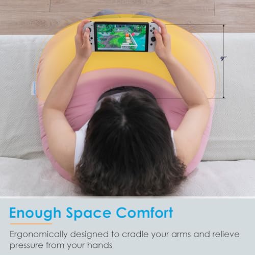 Image of QUEEN ROSE Reading Pillow for Gaming, Lap Desk Pillow for Sitting in Bed or Sofa, Compact Arm Support Pillow for Reading, Playing or Crocheting, Cooling Pink