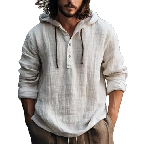 Mens Long Sleeve Linen Hippie Shirts with Hood V Neck Button Up Hooded Sweatshirts Casual Hawaiian Beach Yoga Shirts