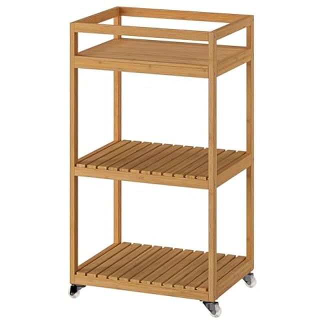 3-Tier Bamboo Storage Cart, Natural Rolling Organizer Trolley for Bathroom, 29.8 x 16.5 x 13 Inch Durable Eco-Friendly Utility Cart for Small Spaces-Hzfydsnb