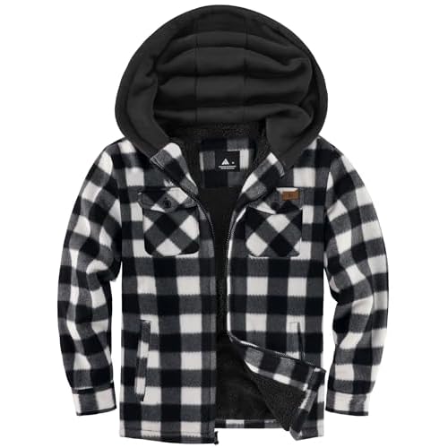 ZITY Boys Flannel Shirt Jacket Fleece Sherpa Lined Plaid Jackets Unisex Coat Full Zip Hoodie Girls Winter Outwear 6-15 Years White Black 8-9 Years