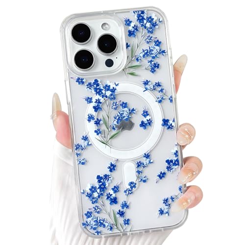 NITITOP Compatible with iPhone 12 Pro Max Case Clear Magnetic Compatible with MagSafe Cute Flowers Floral Leaves for Women Girls Hard PC Back Shockproof Protective Phone Cover - Blue