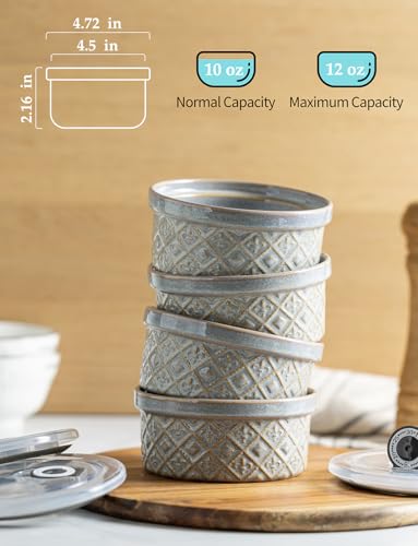 Ramekin Dish Set of 4, 12 oz Creme Brulee Ramekins with Lids, Ceramic Ramekins for Serving Dips, Lava Cake, Pudding, Souffle, Baking Bowls Set Dishwasher and Oven Safe, Gray - Image 3