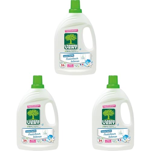 L'Arbre Vert Lessive Fraîcheur Intense - Hypoallergénique - 34 Lavages - 94% d'ingrédients d'origine naturelle - 1,53L (Lot de 3)