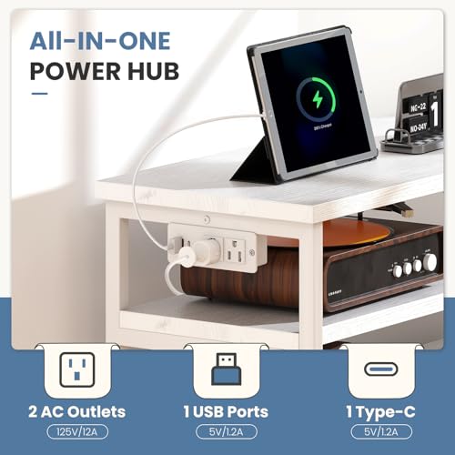 Image of DUMOS TV Stand for Up to 45 inch TV, Entertainment Center with Remote or App-Controlled LED Lights & Charging Station, Media Console Table with 6 Fabric Drawers, 2 Shelves for Living Room, White