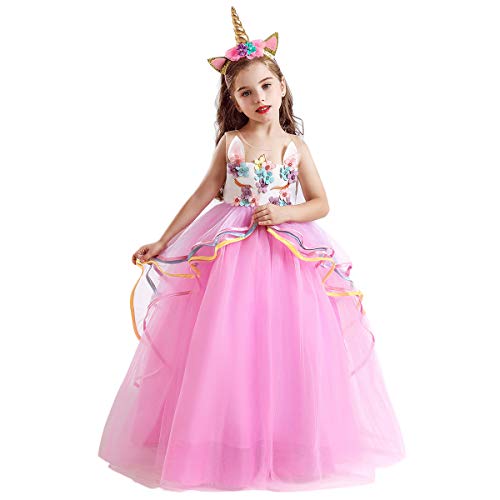Girl Unicorn Party Princess Dress Rainbow Tulle Long Wedding Gown Birthday Kids Clothes 02 Pink 4-5 Years