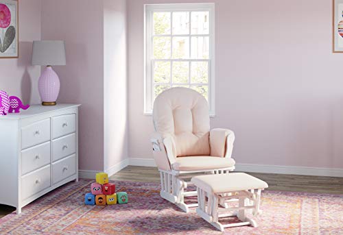 Image of Storkcraft Premium Hoop Glider & Ottoman (White /Pink) - GREENGUARD Gold Certified Nursery Glider, Solid Wood Craftsmanship, Smooth-Gliding Nursery Chair and Ottoman, Award-Winning