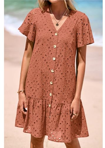 Image of KIRUNDO Eyelet Dresses for Women Button Down Mini Babydoll | 2026 Summer Short Sleeve Boho Sundress, Loose Fit V Neck Short Dress With Pockets, A Line, Cruise Beach Vacation Outfits