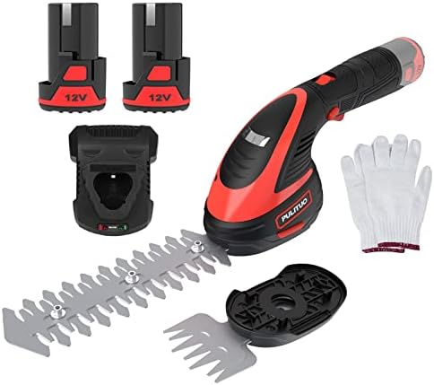 PULITUO Cordless Hedge + Grass Trimmer 2-in-1, Electric Power Bush Shrub Trimmer with 2 Pcs 2000mAh/12V Battery, 1-Hour Fast Charger