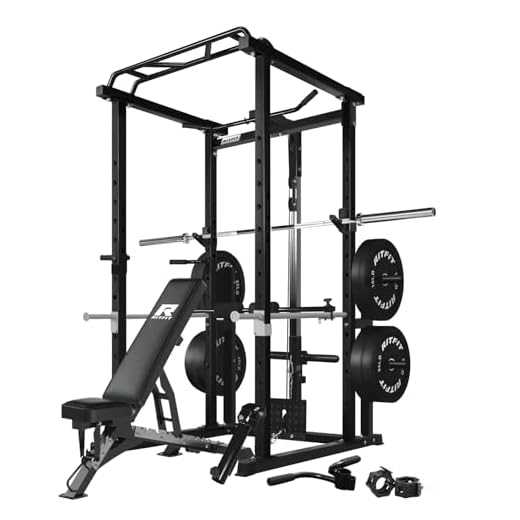 RitFit Squat Rack Power Cage Home Gym Package, Includes 1000LBS Power Rack with LAT Pull Down, Weight Bench, Rubber/Bumper Plates Set with Olympic Barbell (Package 1.6K (Bumper Plate 230LBS))-Black