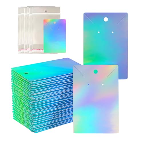 300pcs Holographic Earring Card Holder Paper Tags for DIY Ear Studs Necklace Jewelry Display 150 Set Earring Card with 150 Pcs Bags