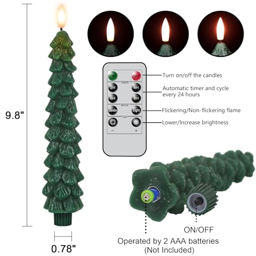 Image of GenSwin Christmas Tree Flameless Taper Candles candlesticks Remote Timer | Green, Christmas Tree Candlesticks, Battery Operated Led Candle, Christmas Home Winter Decoration, 4 Pack, 0.78 inch x 9.8 inch