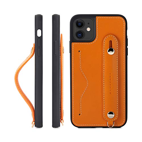 HANATORA,IPhone 11ProMax グリップケース レザー 本革 ストラップ付属 イタリア製牛革 ヌメ革 片手操作 カード収納 スタンド機能 メンズ レディース オレンジ CGH-11ProMax-Orange