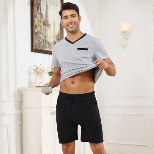 Mens Pajamas Set Cotton Summer Pjs Set Short Sleeve Shirts and Shorts Soft 2 Piece Sleepwear with Pockets2