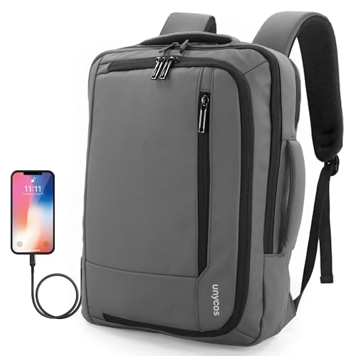 unycos - Mochila 20L para Portátiles y Netbooks de hasta 15,6 Pulgadas, Impermeable, Puerto de Carga USB, Mochila de Hombre y Mujer Ergonómica para Trabajo, Viajes, Colegio y Uso Diario (Gris)