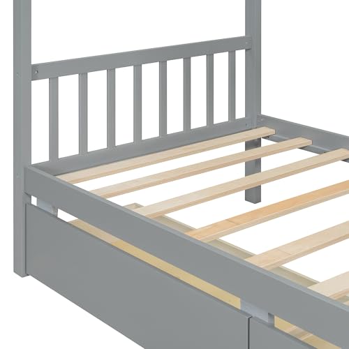 Image of Twin Size House Platform Bed with Roof and 2 Drawers, Solid Wood House Daybed Frame with Headboard and Slat Support for Kids Teens Girls Boys Bedroom, Can Be Decorated (Gray-03, Twin)