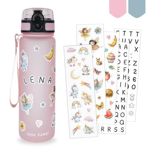 Little Vampi Trinkflasche Kinder Kohlensäure geeignet (500ml) Auslaufsichere Kindertrinkflasche für Schule Kita & Sport BPA-frei & Spülmaschinenfest Personalisiertes Geschenk mit Sticker-Set
