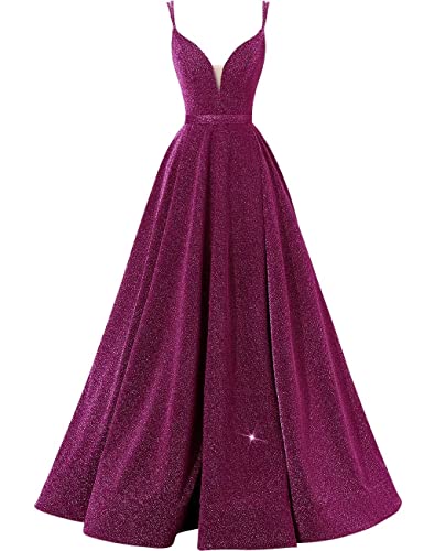Image of Women's Glittery Spaghetti V-Neck Prom Dresses Long A Line Bridesmaid Dresses Side Split Formal Evening Gowns Fuchsia,US10