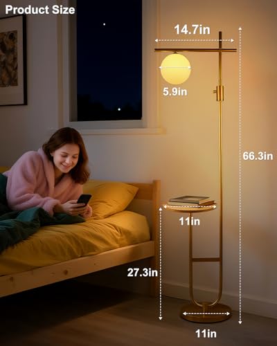 Image of Lightdot 66IN Gold Dimmable Floor Lamps with Table, Modern Standing Tall Lamp with Globe Lampshade, Cross-Shaped Lamp Head U-Pole Base for Living Room /Bedroom /Sofa Beside /Corner Decor(Bulb Included)