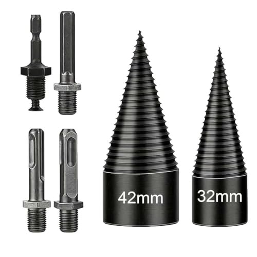 6 Pcs Firewood Log Splitter Drill Bit Set, 42mm+32mm Kindling Splitter Drill Detachable Design 4 Drill Attachments Efficiently for Dry Soft Woods (42+32mm)