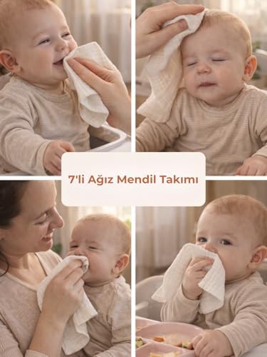 9’lu Müslin Bebek Seti –%100 Pamuk 4 Kat Muslin Battaniye 100x100 cm + Yastık Kılıfı + 7’li Bebek Ağız ve Ter Bezi (1, Battaniye + 'li Ağız Mendili + Yastık Kılıfı) - Görsel 2