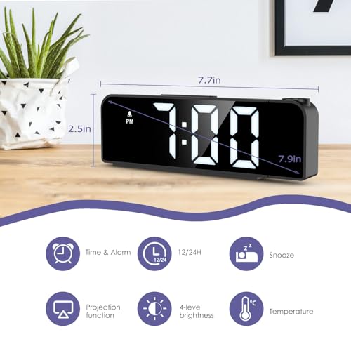 OQIMAX - Proyector de techo, despertador, proyección, proyector de 180°, despertador digital, reloj digital LED de 7,9", 4 luminosidades regulables, Snooze, temperatura, modo nocturno, hogar, números - imagen 2