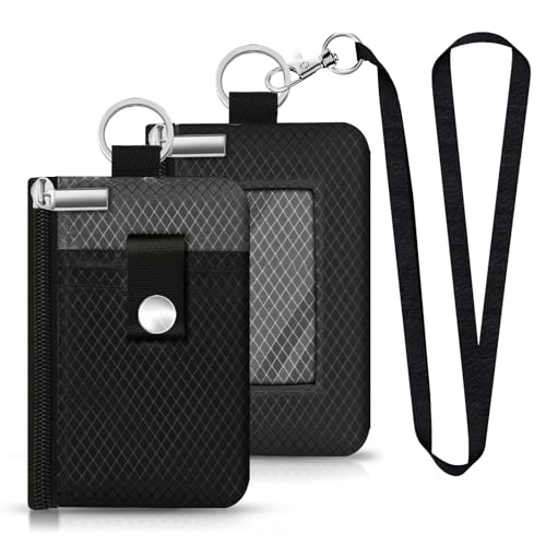 Image of Minimalist RFID Blocking Small Wallet with ID Window,WaterResistant Zip Id Case Wallet with Lanyard Keychain for Cards,Cash,Travel,Women,Men (Black /DarkGrey)