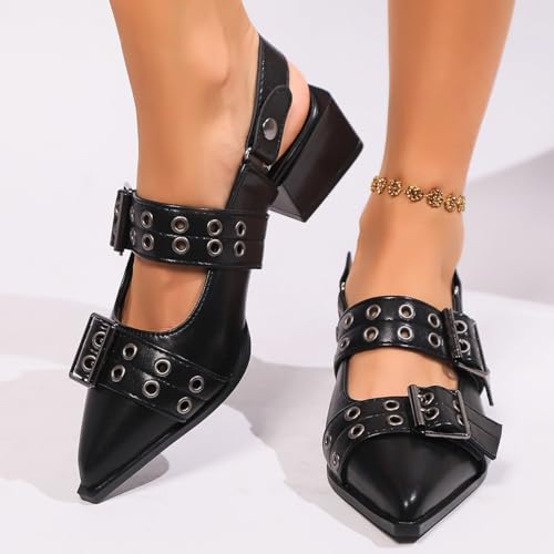 Generic Buckle Ballet Flats for Women Mary Jane Flats Wide Welt Pointed Toe Ballerina Shoes Flat Square Block Heel Pumps Metal Punk Style Fashionable Office & Casual Wear4