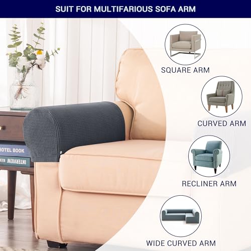 SUBRTEX Stretch Couch Arm Covers Set of 2, Checkered Sofa Arm Slipcovers, Anti-Slip Armrest Covers for Recliner and Armchairs, Pet Proof, High Stretchy, Hook & Loop Tape, Gray