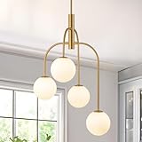 LamQee 4 Lights Mid Century Modern Chandelier, Milk Glass Globe Chandelier Light Fixture with Gold Metal & White Ball, Large Pendant Lighting Ceiling Hanging for Dining Room Kitchen Island Entryway