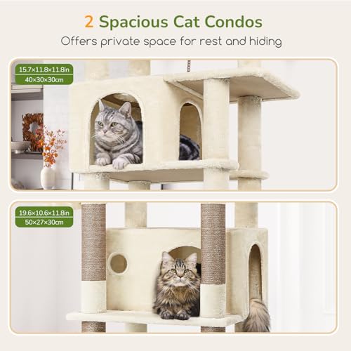 Image of Globlazer F74B Cat Tree for Indoor Cats Large Adult, Multi-Cat, Beige | Easy Setup, 74in Tall Tower, Oversized Top Perch, 2 Large Condos, Hanging Basket, 5 Sisal Scratching Posts, Anti-Topple Strap