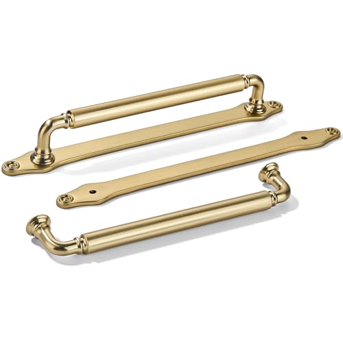 khtumeware 5 Pack 8 Inch Hole Center Brushed Brass Cabinet Pull with Backplate Solid Heavy-Duty Handles with Base Plate Cabinet Pulls for Drawer Sliding Door Charcuterie Board