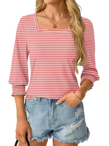 GKBK Womens 3/4 Sleeve Shirts Square Neck Dressy Casual Blouses Spring Summer Smocked Cuffs Tops — view 5
