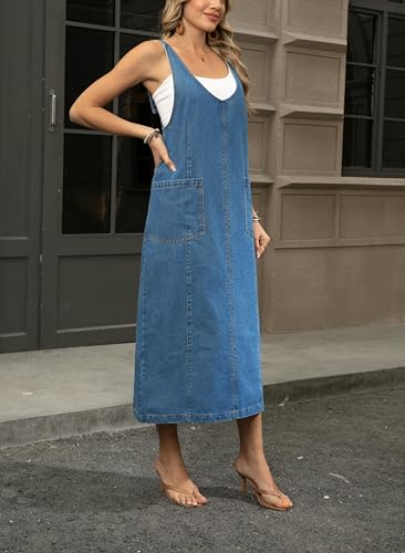 yoeasy Women's V Neck Sleeveless Denim Overall Dress Adjustable Strap Vintage Back Slit Midi Jean Dress with Pockets4