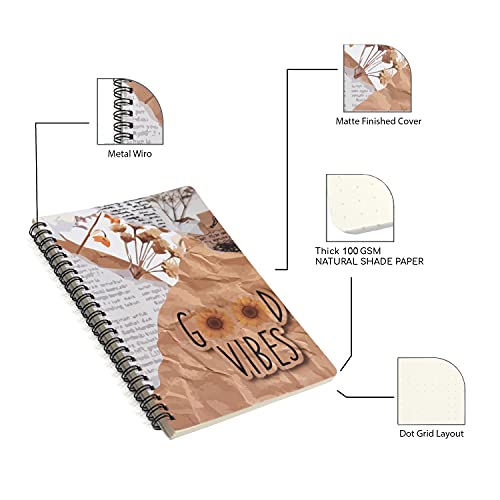 Image of Papboo A5, Good Vibes, Handy, Easy to Carry Spiral Wiro Notebook Pack of Two : 100 GSM Natural Shade Paper, Dot Grid, 2 * 120 = 240 Pages, Journal, Diary, Gift