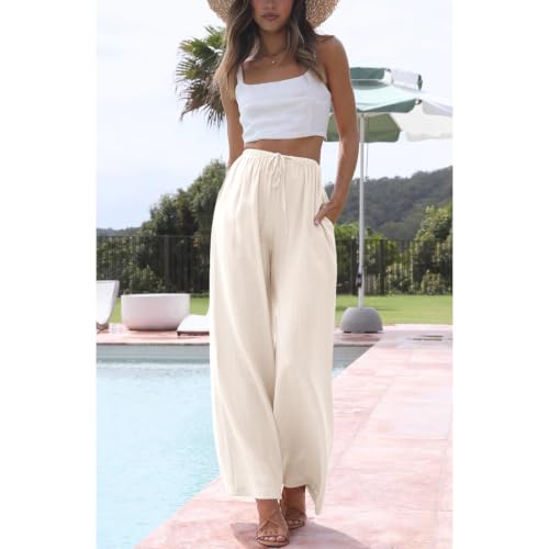 Image of Duyang Womens Cotton Linen Palazzo Pants Drawstring Elastic Waist Casual Wide Leg Trousers with Pockets