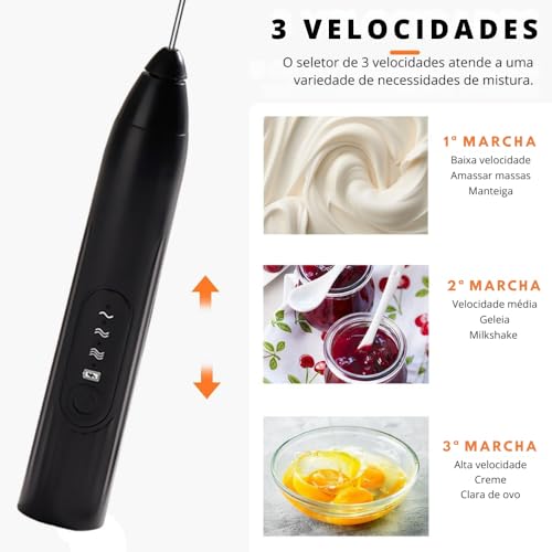 Mixer Elétrico Portátil Recarregável para Café e Bebidas, 3 Velocidades com 2 Batedores de Aço Inoxi