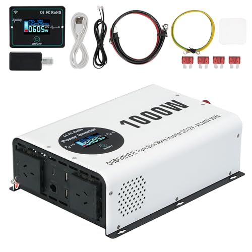 OUBOINVER 1000W Pure Sine Wave Inverter DC 12V to AC 240V Converter with Wireless Remote Control LCD Display 2 AC Outlets 2 USB A Type C Car Inverter for RV Truck Home Off Grid Solar System