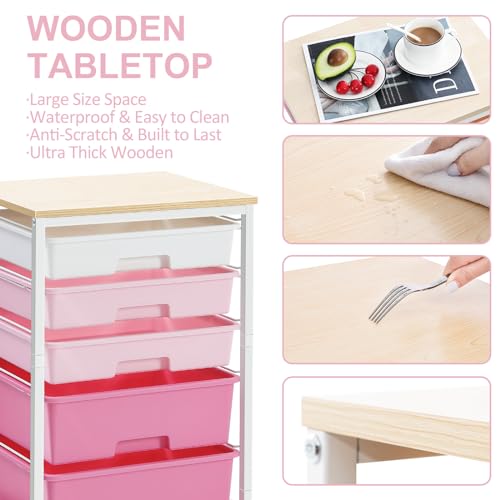 Image of SYKIARIOL Utility Cart with 5 Drawers,Storage Drawer Cart with Wooden Tabletop and Lockable Wheels,Craft Storage Trolley Cart,5-Tier Rolling Utility Cart on Wheels,Rose Pink