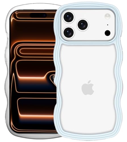Image of GoldKart iPhone 17 Pro Max Case Wavy Edge Clear Back Design, Anti-Slip Grip Cute Wave Curly Frame Shape Shockproof Soft TPU & Hard PC Bumper Protective Phone Case Cover for Women Girls - Light Blue