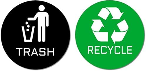 2 Premium Quality Trash & Recycle Stickers (1 Trash Sticker + 1 Recycle Sticker) for Use on Trash Cans & Recycle Bins; 4" Round (Black Trash & Green Recycle)