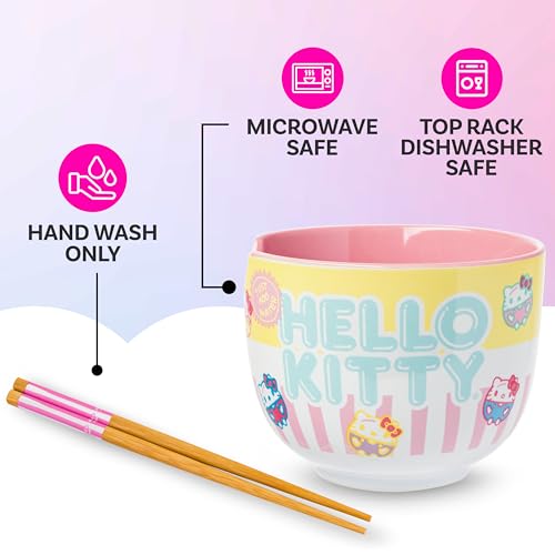 Image of Silver Buffalo Sanrio Hello Kitty Pastel Colored Ceramic Ramen Noodle Rice Bowl with Chopsticks, Microwave Safe, 20 Ounces