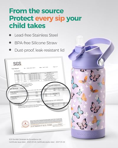 Image of Choco Mocha Kids Water Bottle For School, Kids Insulated Butterfly Water Bottle Stainless Steel for Girls,18Oz Pink Garden