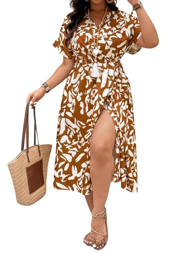 Image of Floerns Women's Plus Size Boho Hawaiian Tropical Dresses V Neck Short Sleeve Floral A Line Long Dress Vacation Beach Outfits