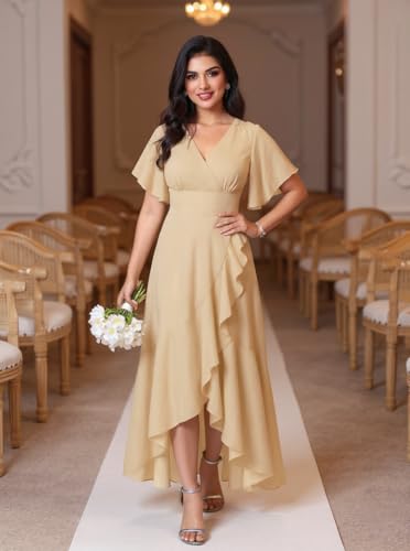 Image of BABYONLINE D.R.E.S.S. Formal Dresses for Women Cocktail Dress Split V Neck Wrap Ruffle Wedding Guest Dress 3089-XIN