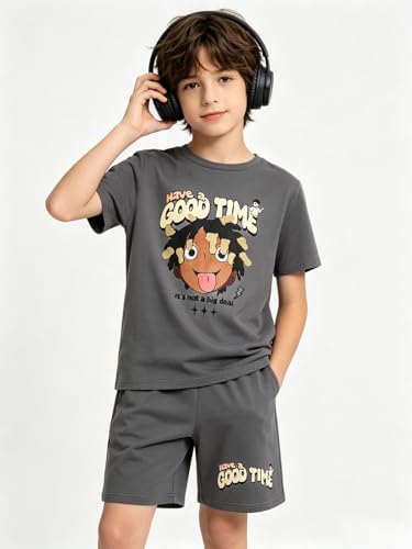 Image of Size 6-12 Years Boys Summer Outfits Set Kids Short Sleeve Top T-Shirt & Shorts Color Block Clothing Sets