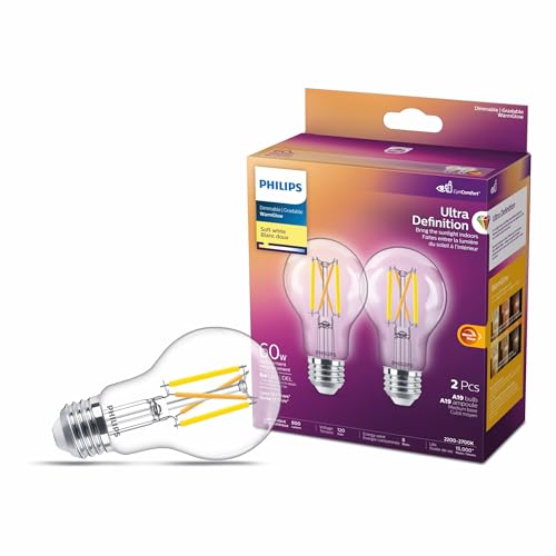 Philips Ultra Definition LED 60W A19 MedBase Soft White Warm Glow Glass Clear 2-Pack LED Light Bulb by Philips - Used condition - CA$11.68