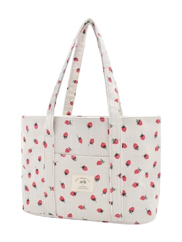 Image of TeeYee Women Tote Bag Shoulder Bag Large Zippered Strawberry Corduroy Shopper with Pockets Multipurpose | Gym traval bag