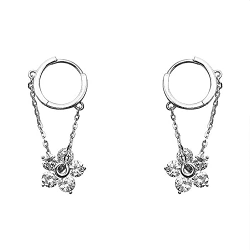 Tassel CZ Flower Dangle Drop Small Huggie Hoop Earrings for Women Girls Dainty 925 Sterling Silver Hypoallergenic Cartilage Cuffs Threader Chain Cute Little Hoops for Daughter Bff Birthday