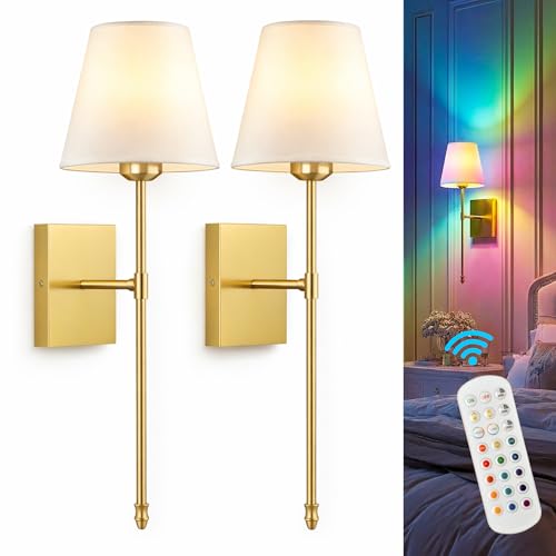 Image of Rechargeable Battery Operated Wall Sconces Set of 2, Gold Wireless Fabric Shade Wall Sconce with Remote Control, Dimmable RGB Color Changing Wall Lamp for Bedroom Living Room Hallway, 20.47 inch Tall